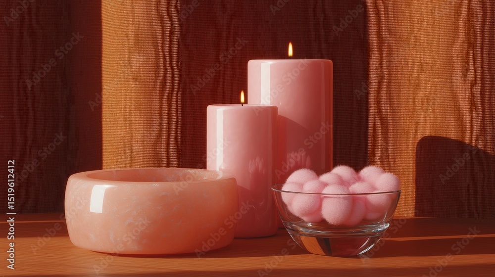 Poster three pink candles on a wooden surface. the candles are arranged in a triangular formation, with the