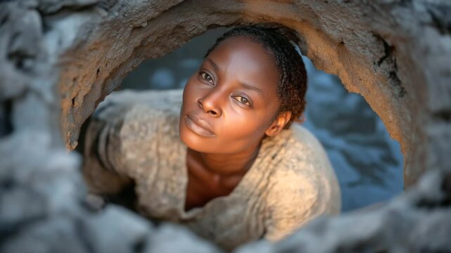 Woman collecting rainwater from cracked cistern during water scarcity