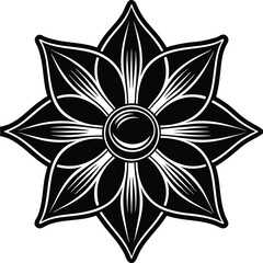 Elegant Black and White Floral Mandala Design Intricate Petals and Central Gemstone