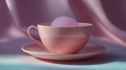 Fototapeta premium Digital illustration of a pink teacup and saucer on a light blue background. the cup is empty and has a handle on the left side. the saucer is also pink and is placed on the right side of the image.