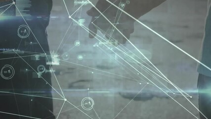 Camera framing couple holding hands on shoreline initiating tech network overlay showing data flow - Powered by Adobe