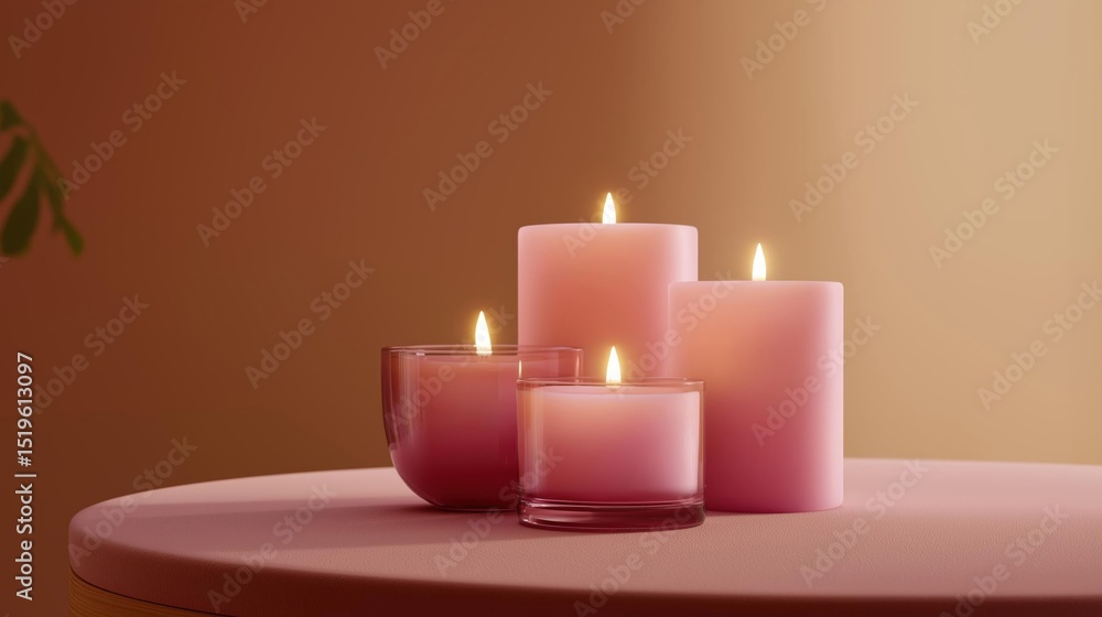 Poster three pink candles on a round table. the candles are arranged in a triangular formation, with the la