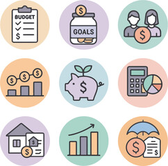 Nine financial planning icons in pastel colors arranged in a 3x3 grid