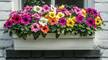 Colorful Petunias in a Window Box on Brick Wall