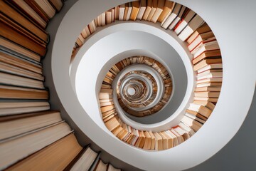Books arranged in a spiral formation illustrate the endless journey of deepening knowledge against a simple background