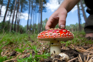 Foraging for wild mushrooms in lush woodland habitat