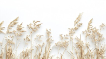 Beige dried grasses arranged in a horizontal row against a white background, creating a minimalist and natural border