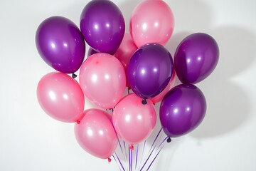 Cluster of shiny pink and purple balloons against a white wall, ideal for celebration, party, and festive decoration themes