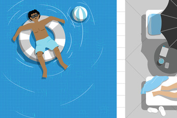 Top view of man floating in a pool with a ring in summer.