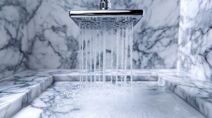 Rainfall showerhead, marble bathroom, water flowing, luxury shower, spa ad