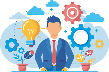 System Development Efficiency Automation and Innovation Businessman Cogwheel Turning for Lightbulb Idea Creation