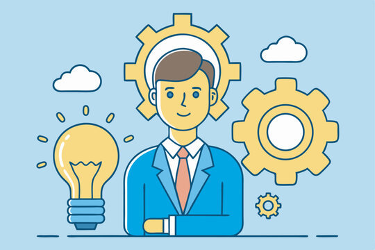 System Development and Innovation Help Businessman Turn Cogwheel to Get New Idea and Improvement