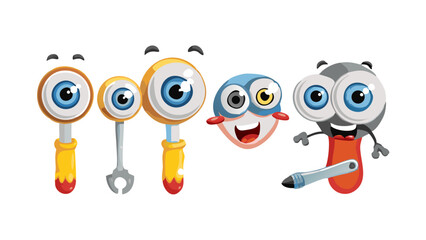 Fun cartoon set featuring quirky eyes on tools and characters designed for children’s educational materials
