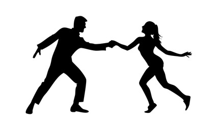 Dancing couple performing a lively swing dance in a vibrant studio at sunset