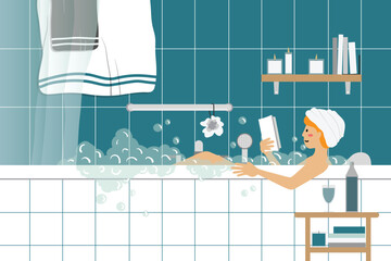 Woman reading a book in a bubble bath with wine.