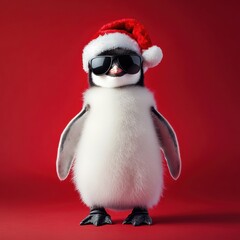 Fototapeta premium Penguin chick sporting a Santa hat and sunglasses poses confidently against a vibrant red backdrop, embodying holiday spirit and style
