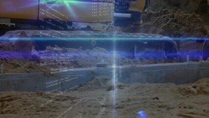 Excavator bucket lowering into sand, scraping soil and scooping with code overlay monitoring trench - Powered by Adobe