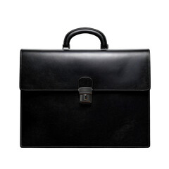 A minimalist black briefcase with a polished leather finish on a dark desk, isolated on a transparent background.