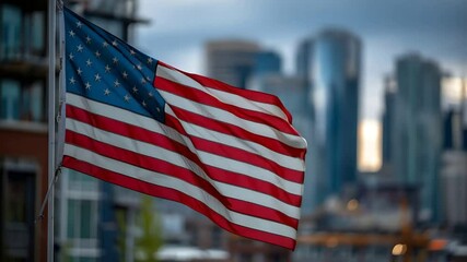 American Flag Waving Against City Skyline - Powered by Adobe