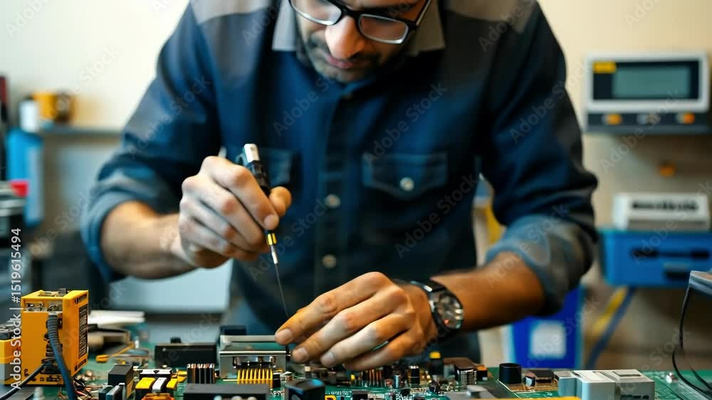 Poster man soldering computer motherboard in workshop. repairing technology with soldering iron on electron