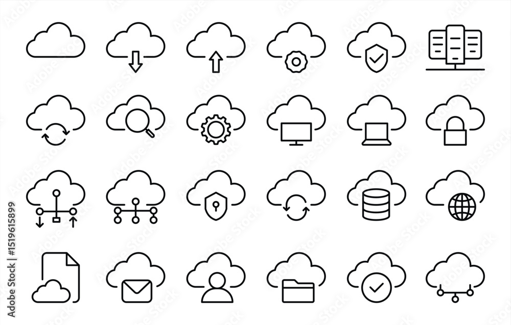 Poster cloud computing icon set. containing cloud storage, networking, server, database, security, technolo