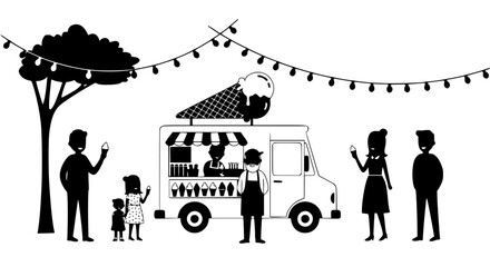 Family enjoying ice cream at a summer festival silhouette isolated on transparent background