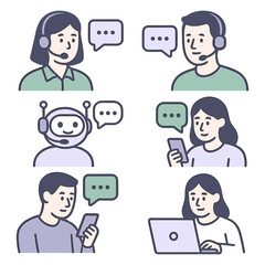 Human and robot customer service representatives and users interacting via smartphones and laptops. Vector illustration EPS 10