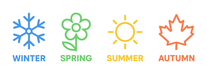 Bright, clean vector icons representing the four seasons: winter, spring, summer, and autumn. Suitable for calendars, weather apps, infographics, and seasonal content