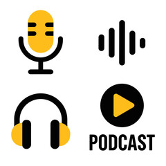 Modern podcast icon set including microphone, headphones, audio wave, and play button. Great for audio apps, streaming platforms, and content creators