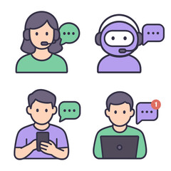 Friendly customer support and communication icons including call agents, chatbot, and users. Ideal for helpdesk, contact center, and service platforms