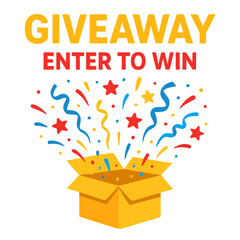 Festive giveaway banner with confetti, stars, and a yellow box bursting open. Designed for promotional campaigns, social media contests, and marketing ads