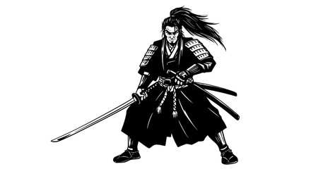 Aggressive samurai warrior silhouette in full armor drawing isolated on transparent background