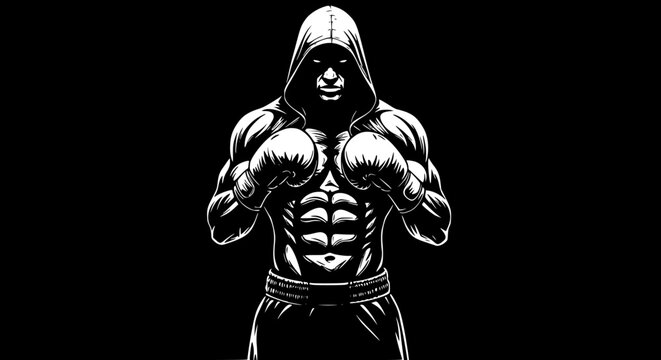 Muscular boxer in hooded sweatshirt silhouette isolated on black background - Powered by Adobe