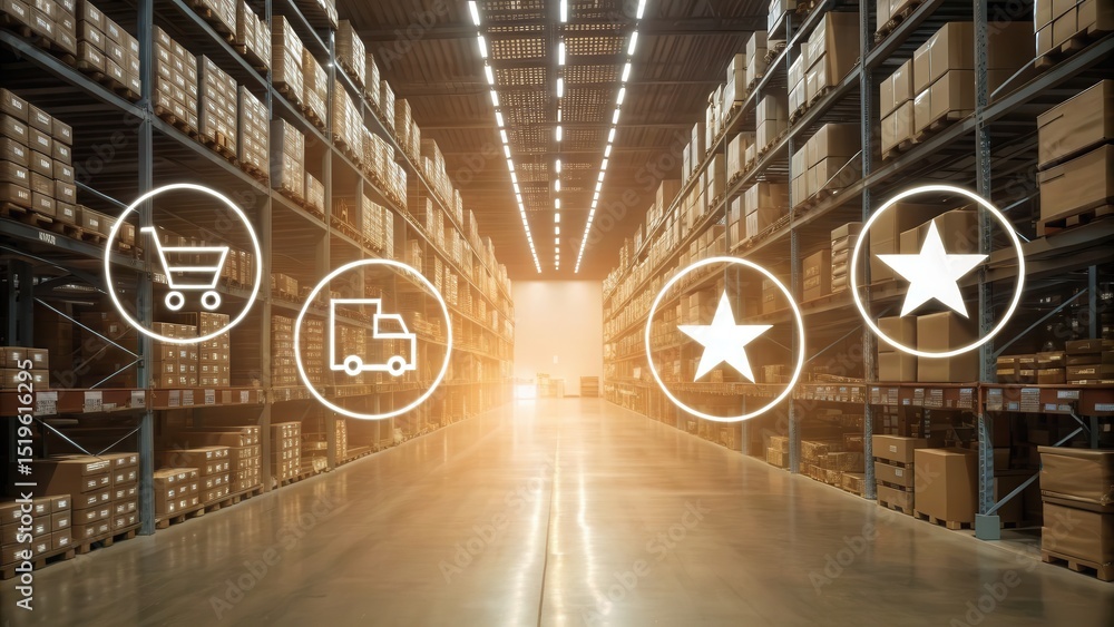 Poster a large warehouse with tall shelves filled with boxes, sunlight streaming in, and digital icons illu
