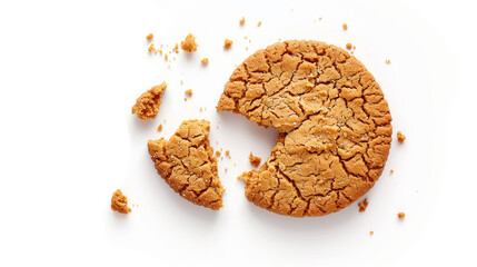 Single round ginger biscuit. Single round ginger biscuit with crumbs and bite missing, isolated on white from above