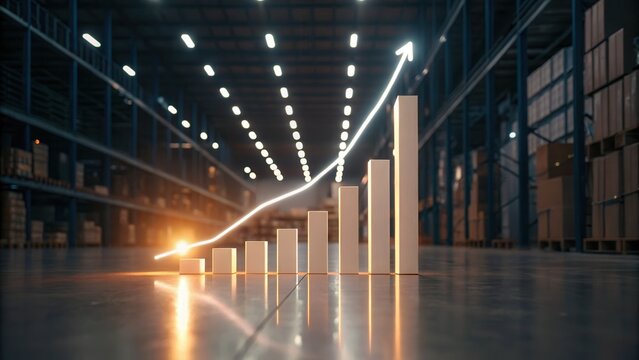 A glowing bar chart with an upward trend line is displayed in a large warehouse, symbolizing business growth and success.