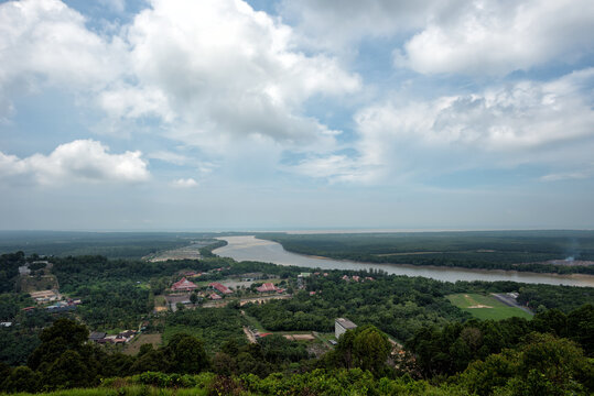Scenic Aerial View from Jugra Hill Overlooking Langat River and Lush Forests, Kuala Langat, Selangor, Malaysia