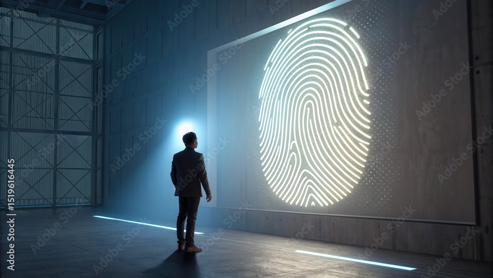 Aufkleber a man stands in front of a large illuminated fingerprint displayed on a futuristic wall in a dark, m