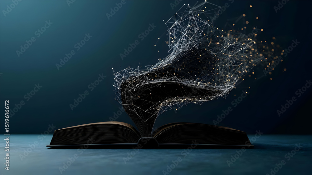 Poster illuminated open book with glowing particles against dark background
