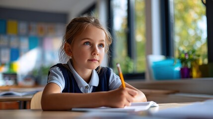 Schoolgirl in uniform sitting at desk with pencil, concentrating on writing in daylight filled classroom. Background for education, learning, child development, school environment, academic topics