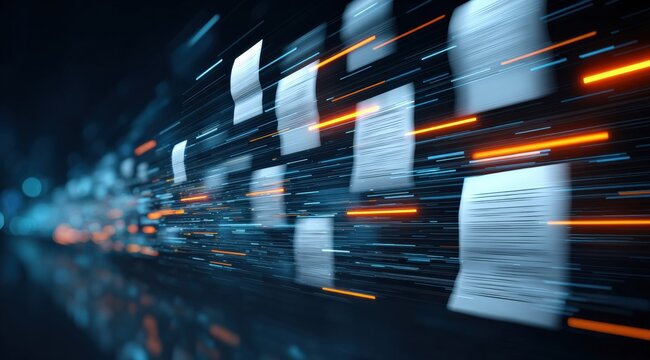 Abstract representation of documents flying through a digital information stream