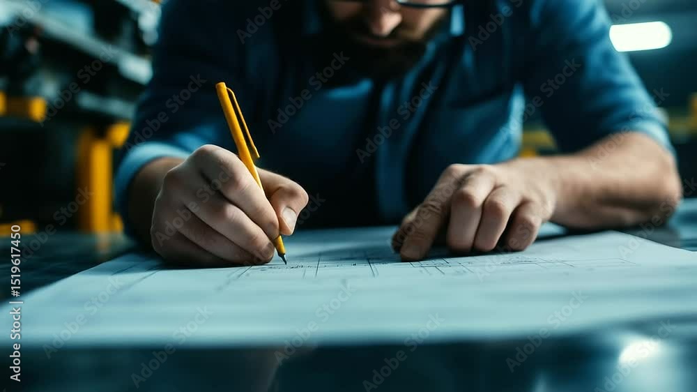 Poster engineer carefully measuring and noting down technical details on a set of blueprints, factory backg