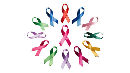 Colorful awareness ribbons forming a circle symbolize various health causes and promote solidarity, support, and hope on a transparent background