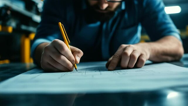 Engineer carefully measuring and noting down technical details on a set of blueprints, factory background with conveyor belts and heavy equipment in use