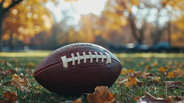 American football in autumn park with leaves, perfect for sports and fall season. Outdoor recreation and game day concept.