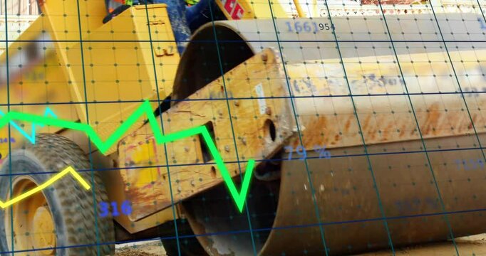 Operator steering roller compacting soil in construction, grid overlay tracking compaction metrics