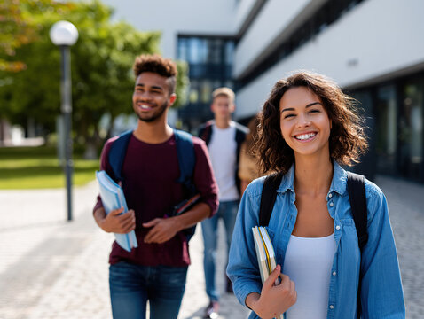Group of multicultural smiling college students walking outdoors on campus holding books and backpacks enjoying sunny day with modern university building in background