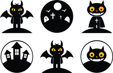 Cute halloween icons set black and white