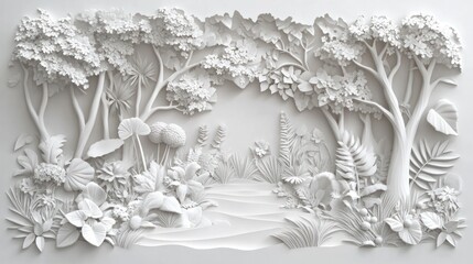 Intricate white bas-relief depicting a serene forest scene with various plants, trees, and a path, exhibiting a three-dimensional texture