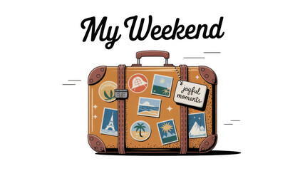 Naklejka premium Brown vintage suitcase adorned with travel stickers from various countries and a joyful moments tag, evoking nostalgia for past adventures and wanderlust on a transparent background